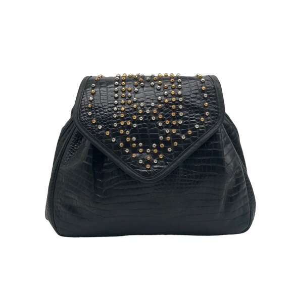 Sharif Vintage Black Croc Embossed Leather Studded Crossbody - Picture 1 of 12